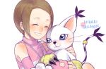  blush brown_hair character_name claws closed_eyes cuts digimon digimon_adventure_02 eyes_closed fingerless_gloves gloves grin hair_ornament hairclip injury jewelry necklace paw_gloves short_hair smile tail_ring tailmon yagami_hikari 