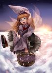  arm_up basket blonde_hair bow capelet cloud clouds flying green_eyes hat holding lily_white long_hair open_mouth petals sky solo touhou wings yana_(nekoarashi) 