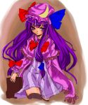 book bow crescent dress hair_bow hat kionaisiteru long_hair low-tied_long_hair overcoat patchouli_knowledge purple_eyes purple_hair solo striped striped_dress thigh-highs thighhighs touhou violet_eyes zettai_ryouiki 