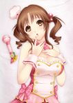  :o bare_shoulders bow breasts brown_eyes brown_hair bust chef_hat hand_on_own_chest hat idolmaster idolmaster_cinderella_girls lintanghaseo long_hair microphone solo totoki_airi twintails white_background wrist_cuffs 