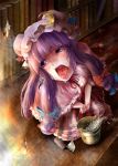  barefoot bucket fire hat patchouli_knowledge purple_eyes purple_hair solo sweat tears tongue touhou violet_eyes water yana_(nekoarashi) 