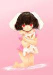  animal_ears bad_id bare_legs bare_shoulders black_hair bunny_ears carrot inaba_tewi kneeling looking_at_viewer maccha_cocoa pillow pillow_hug rabbit_ears red_eyes short_hair simple_background solo touhou 