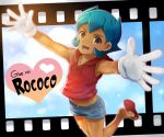  blue_hair brown_eyes character_name cloud clouds denim denim_shorts english film_strip flip-flops gloves hoodie hoodie_vest inazuma_eleven inazuma_eleven_(series) mizuhara_aki open_mouth outstretched_arms rococo_urupa sandals short_hair shorts sky smile trap 