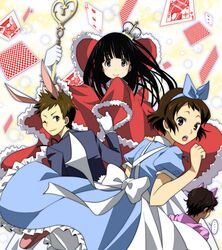  2girls alice_(wonderland) alice_(wonderland)_(cosplay) alice_in_wonderland card cheshire_cat cheshire_cat_(cosplay) chitanda_eru cosplay crown dress fukube_satoshi hyouka ibara_mayaka multiple_boys multiple_girls oreki_houtarou playing_card queen_of_hearts queen_of_hearts_(cosplay) saki_(sasaki-pix) white_rabbit white_rabbit_(cosplay) 