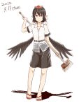  black_hair brown_eyes brush dated hat holding kawashina_(momen_silicon) rough shadow shameimaru_aya short_hair skirt solo standing tokin_hat touhou wings 