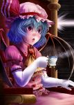  bat_wings blue_hair blush chair cup elbow_gloves gloves hat hat_ribbon holding lips open_mouth red_eyes remilia_scarlet ribbon sitting solo teacup touhou white_gloves wings yana_(nekoarashi) 