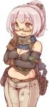  7010 :d bare_shoulders belt blush breasts brown_eyes cleavage copyright_request elbow_gloves glasses gloves hand_to_mouth navel open_mouth pink_hair plump ponytail smile solo 
