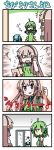  4koma :&lt; ahoge apron blue_hair blush chibi_miku clothes_writing comic elbow_gloves fl-chan gloves green_hair grey_eyes hatsune_miku headstand lipstick long_hair makeup megurine_luka minami_(colorful_palette) multiple_girls open_door open_mouth pink_hair posing short_hair short_sleeves silent_comic smile sparkle surprised translated twintails vocaloid |_| 