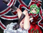  aldiana bare_legs boots bow cross-laced_footwear dress frills front_ponytail green-hair green_eyes green_hair hair_bow hair_ornament hair_ribbon kagiyama_hina lace-up_boots long_hair looking_at_viewer red_dress ribbon smile solo touhou 