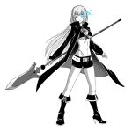  bikini_top black_rock_shooter black_rock_shooter_(character) black_rock_shooter_(cosplay) blue_fire boots choujigen_game_neptune cosplay enmouno fire glowing glowing_eye half_updo highres jacket long_hair monochrome polearm short_shorts shorts solo spear vert weapon 