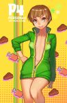  1girl badge breasts brown_eyes brown_hair button_badge food halftone hand_on_hip lips meat naked_track_jacket navel no_panties persona persona_4 satonaka_chie short_hair sleeves_pushed_up smile solo track_jacket unzipped yuksi zipper 