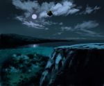  absurdres cloud clouds floating_island forest full_moon highres moon mountain nature night night_sky no_humans river scenery sky tenkuu_no_shiro_laputa tree 
