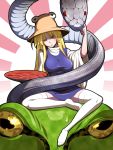  adult alternate_hair_length alternate_hairstyle animal blonde_hair bowl breasts chamupei eyes frog frog_eyes giant hat highres long_hair mishaguji moriya_suwako oversized_animal red_eyes sitting snake solo sunburst thighhighs touhou white_legwear wide_sleeves yellow_eyes 