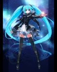  aqua_hair black_legwear blue_eyes boots constellation cross-laced_footwear dress hatsune_miku highres knee_boots lace-up_boots lens_flare long_hair outstretched_arm pillarboxed skindentation solo star thigh-highs thighhighs toda_youkon twintails very_long_hair vocaloid 