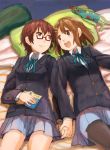  bed brown_eyes brown_hair fukutarou_(enji127) glasses hand_holding hirasawa_yui holding_hands interlocked_fingers k-on! lying manabe_nodoka multiple_girls pantyhose red-framed_glasses school_uniform semi-rimless_glasses short_hair under-rim_glasses 