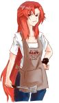  1girl apron clothes_writing dakara_boku_wa_h_ga_dekinai drawfag hand_on_hip jeans lisara_restall long_hair red_eyes red_hair redhead solo spatula t-shirt transparent_background very_long_hair wristband 