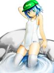  alternate_costume blue_hair collarbone green_eyes hair_bobbles hair_ornament hat kawashiro_nitori ku-ba one-piece_swimsuit open_mouth school_swimsuit short_hair smile solo swimsuit thigh-highs thighhighs touhou twintails white_legwear white_school_swimsuit 