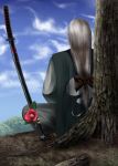  flower from_behind katana konpaku_youki log long_hair male scabbard sheath silver_hair sitting sky solo sword touhou tree weapon yana_(nekoarashi) 