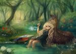  animal blonde_hair blue_eyes book brush deer dress flower forest long_hair nature original rose water whiteenager 