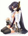  absurdres black_hair black_legwear breasts highres hinoue_itaru katana kurugaya_yuiko little_busters!! mouth_hold no_bra open_clothes open_shirt purple_eyes ribbon school_uniform sideboob simple_background sitting skirt skirt_lift sword thigh-highs thighhighs violet_eyes weapon 