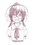  :d alternate_hairstyle bespectacled braid bust glasses hat kawashina_(momen_silicon) looking_at_viewer monochrome open_mouth pointy_ears shameimaru_aya sketch smile solo tokin_hat touhou twin_braids white_background 