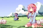  arm_up bag blue_hair flower food fruit grass hairband hat heart hinanawi_tenshi holding komeiji_satori long_hair multiple_girls ominaeshi_(takenoko) outstretched_arm peach pink_eyes pink_hair red_eyes sitting sky touhou 