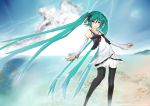  clouds detached_sleeves hatsune_miku sky thigh-highs thighhighs twintails vocaloid water woodoor zettai_ryouiki 