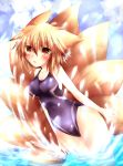  animal_ears blonde_hair brown_eyes competition_swimsuit fox_ears fox_tail highres multiple_tails one-piece_swimsuit puyopika swimsuit tail touhou yakumo_ran 