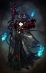  black_hair blue_eyes chain chains copyright_request elf fire gauntlets hat miaoye pointy_ears robe staff 