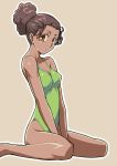  brown_eyes brown_hair dark_skin eyelashes hair_bun hairbun imada_kozue lips looking_at_viewer one-piece_swimsuit open_mouth original outline simple_background sitting solo swimsuit v_arms wariza 