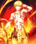  blonde_hair bloom chain chains ea_(fate/stay_night) fate/hollow_ataraxia fate_(series) fire gilgamesh jewelry kuroemon necklace red_eyes shirtless solo tattoo weapon 