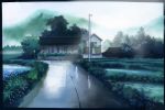 artist_request bgonly building grass highres house mountain no_humans original road_sign scenery sign sky tree 