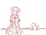  akaza_akari arms_behind_back cat double_bun highres monochrome o3o pan!ies school_uniform sitting sketch solo yuru_yuri 