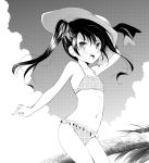  &gt;:o arm_up bad_id bikini blush collarbone copyright_request hat komi_zumiko long_hair monochrome navel open_mouth solo swimsuit twintails 