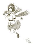  belt dated fan feathered_wings geta hat holding kawashina_(momen_silicon) looking_at_viewer monochrome pointy_ears shameimaru_aya shirt short_hair sketch skirt smile solo tokin_hat touhou white_background 
