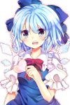  blue_eyes blue_hair bow cirno dress gingetsu_ringo hair_bow heart ice ice_wings open_mouth puffy_sleeves ribbon short_hair short_sleeves smile solo touhou wings 