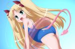  1girl absurdres ass ass_cutout astarotte_ygvar blonde_hair blush bow calendar fang from_behind green_eyes highres long_hair looking_back lotte_no_omocha! pointy_ears school_swimsuit solo succubus sugimura_tomokazu swimsuit tail tube wave_ride 
