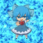  bad_id blue_eyes blue_hair bow cirno dress hair_bow ice ice_wings looking_at_viewer nanashi_shi open_mouth short_hair short_sleeves simple_background smile solo touhou wings 