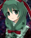  bow face front_ponytail green_eyes green_hair hair_bow kagiyama_hina kanasaki leaf long_hair maple_leaf portrait smile solo touhou 
