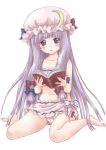  :o bare_legs bare_shoulders barefoot bikini blush bow collarbone crescent hair_bow hat kemomo long_hair looking_at_viewer navel patchouli_knowledge purple_eyes purple_hair reading simple_background sitting solo swimsuit touhou very_long_hair violet_eyes wariza white_background wings 
