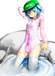  alternate_costume blue_hair blush green_eyes hair_bobbles hair_ornament hat kawashiro_nitori ku-ba one-piece_swimsuit open_mouth partially_submerged school_swimsuit see-through short_hair smile solo swimsuit swimsuit_under_clothes thigh-highs thighhighs touhou twintails water white_legwear 