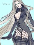 1girl blue_eyes breasts cleavage final_fantasy final_fantasy_vii fishnet_pantyhose fishnets genderswap gloves katana long_hair onose1213 pantyhose sephiroth sheath sheathed silver_hair solo sword thigh-highs thighhighs weapon