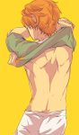  character_request from_behind male orange_hair shiro_(reptil) shirt_lift short_hair simple_background solo tennis_no_ouji-sama undressing 