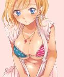  america america_(hetalia) american_flag_bikini axis_powers_hetalia bikini blonde_hair blue_eyes breasts dress_shirt epuko flag_print genderswap jewelry large_breasts necklace shirt short_hair solo swimsuit 