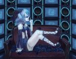  blue_eyes blue_hair boots couch cross-laced_footwear detached_sleeves fang finger_licking flower flowers glasses hat highres jakku lace-up_boots lace_legwear licking licking_finger original rose short_hair sitting solo speaker 