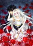  1girl absurdres black_hair couple dress fate/zero fate_(series) flower highres hug hug_from_behind husband_and_wife irisviel_von_einzbern kami2011 long_hair red_eyes spider_lily white_hair 