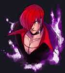 bust choker fire food_fighter_441 hair_over_one_eye king_of_fighters male pectorals purple_fire red_eyes red_hair redhead short_hair snk solo yagami_iori 