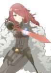  belt bodysuit breasts elizax9x fur_coat hair_over_one_eye holster kirijou_mitsuru long_hair persona persona_3 persona_4:_the_ultimate_in_mayonaka_arena red_eyes red_hair redhead skin_tight smile solo sword thigh_holster weapon white_background 