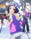  2girls :d ahoge blue_hair from_behind gloves goggles goggles_on_head idolmaster idolmaster_million_live! looking_at_viewer looking_back maihama_ayumu million_live_card miura_azusa multiple_girls official_art open_mouth short_hair skiing smile 