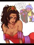  aqua_eyes bare_shoulders black_hair blood chibi claude_frollo clopin dark_skin esmeralda_(disney) flat_gaze gypsy highres letterboxed lipstick long_hair makeup nosebleed pokki-tabetai red_lipstick smile the_hunchback_of_notre_dame tiara translation_request 